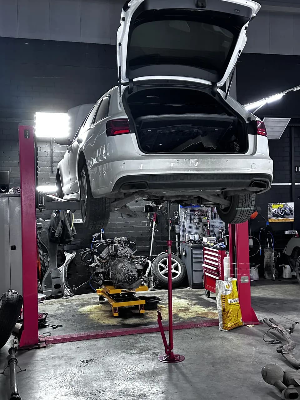 Audi Q5 on the lift at eMechaniq car service, Kyiv