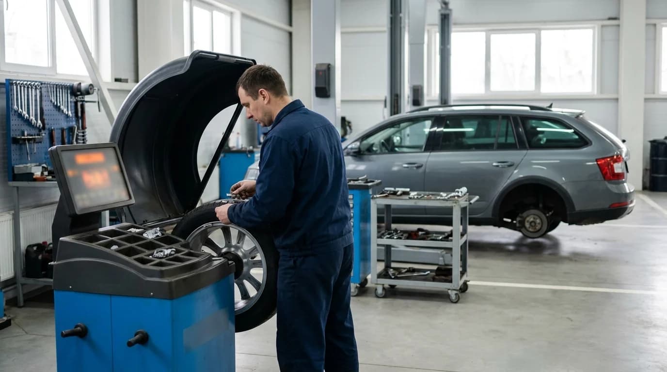 Wheel alignment on a 3D stand at the eMechanic auto repair shop