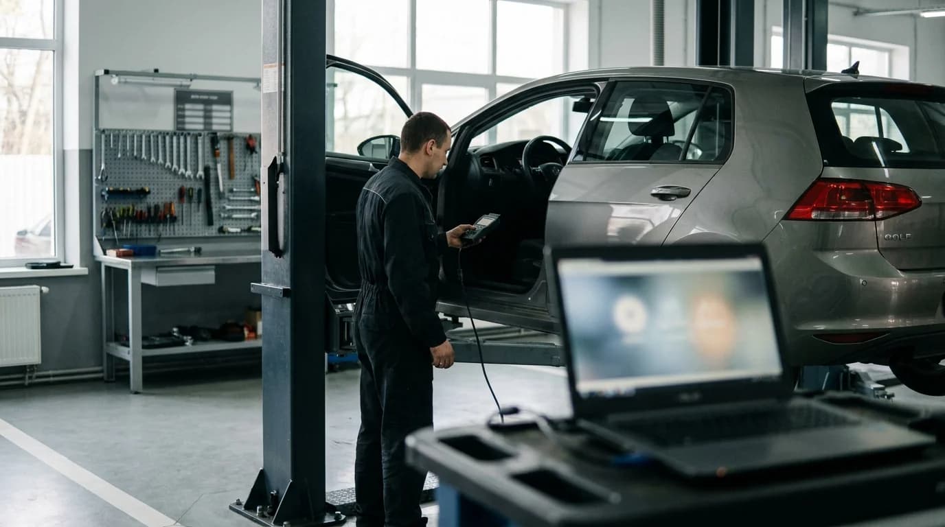 Мастера єМеханік осматривают автомобиль на подъемнике