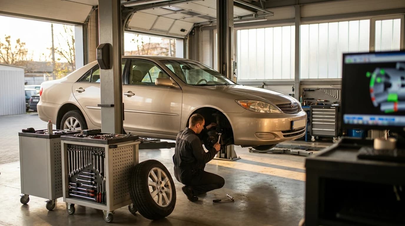 Wheel alignment of a Mercedes EQE on a 3D stand at the єМеханік auto service, Kyiv