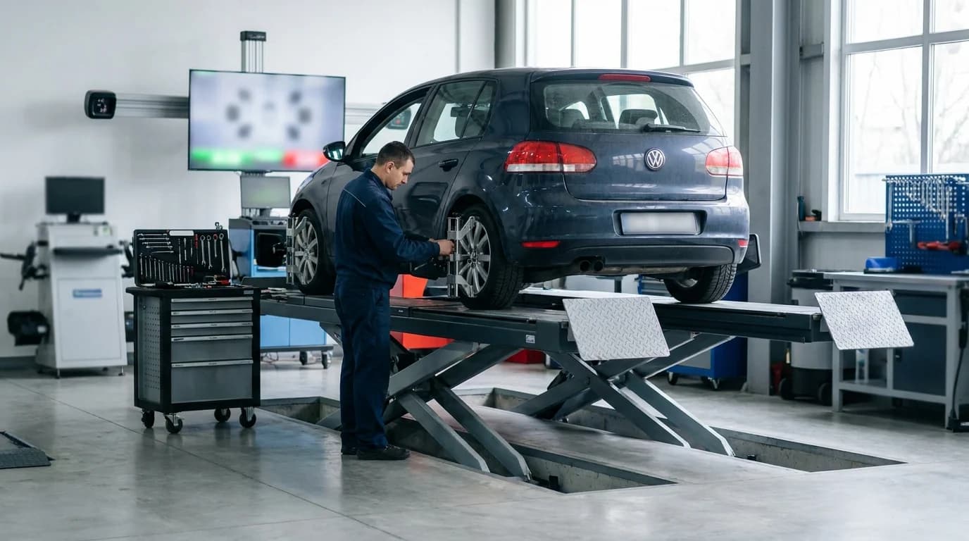 Wheel alignment on a 3D rig at the eMechanic auto repair shop