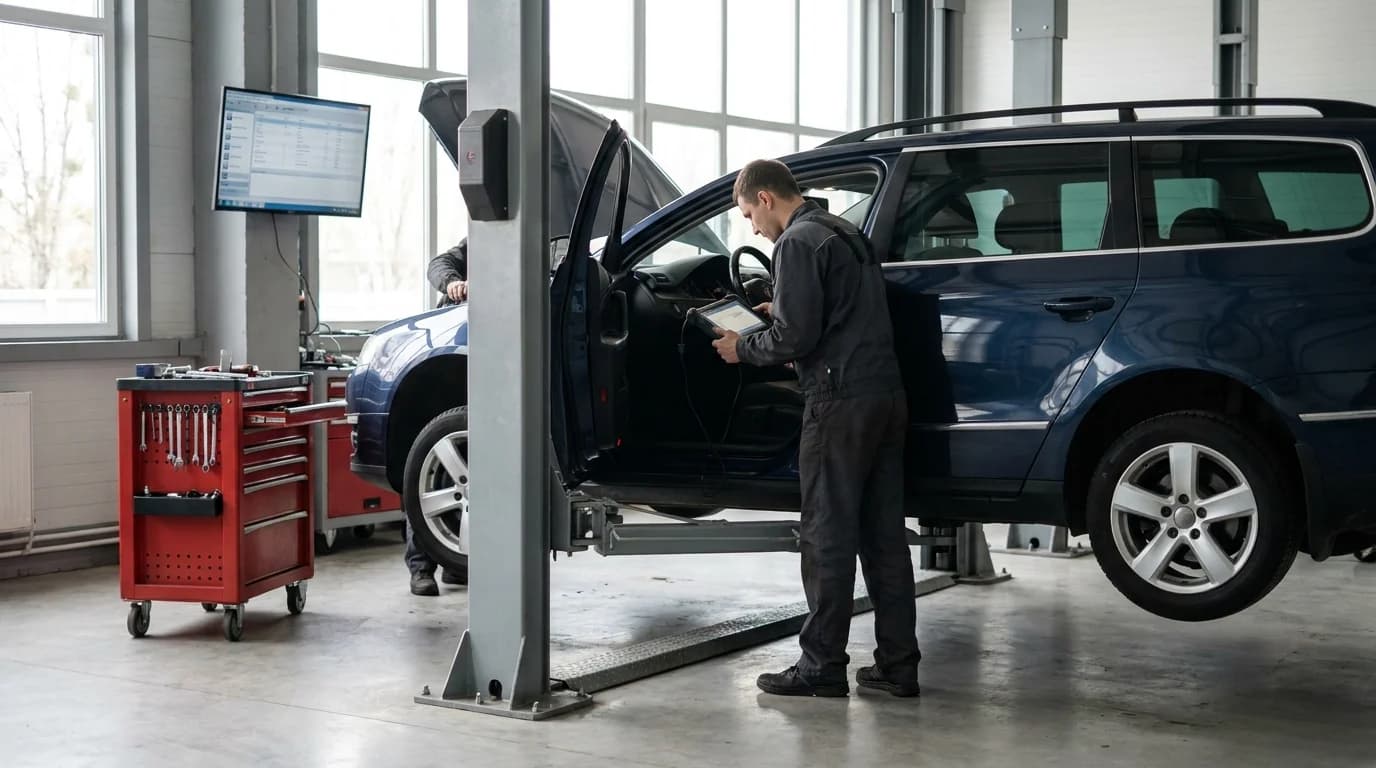 єМеханік mechanics inspecting a Volkswagen Golf on a lift during a pre-purchase car check