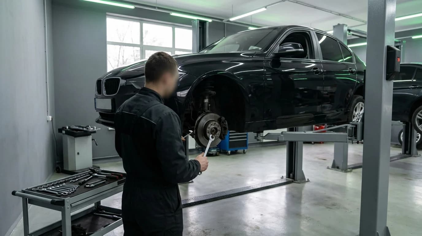 Мастера еМеханик осматривают автомобиль на подъемнике