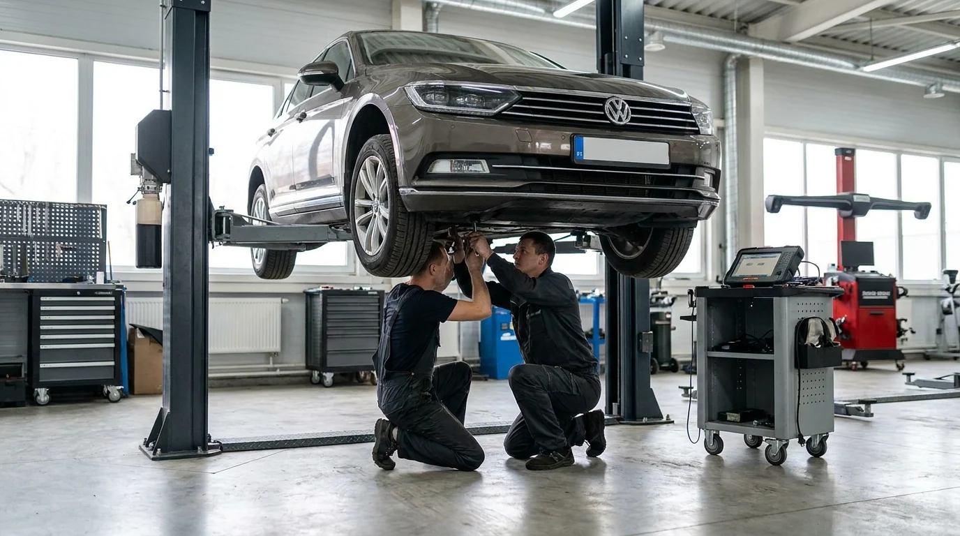 eMechanic technicians inspect a car on a lift