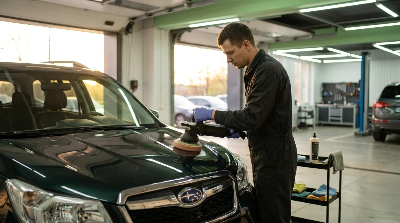 Полірування кузова BMW дворежимною машинкою в детейлінг-боксі єМеханік, Київ