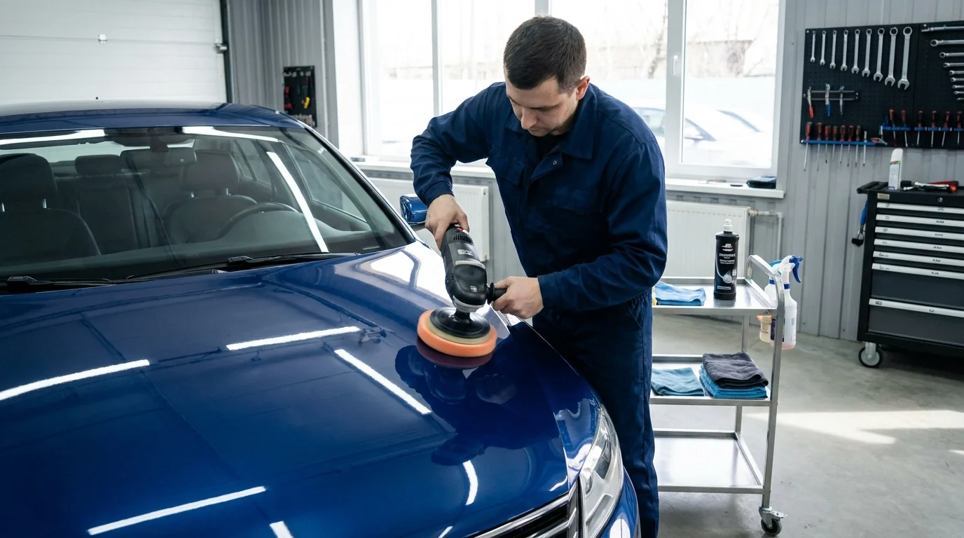 Полірування кузова BMW дворежимною машинкою в детейлінг-боксі єМеханік, Київ