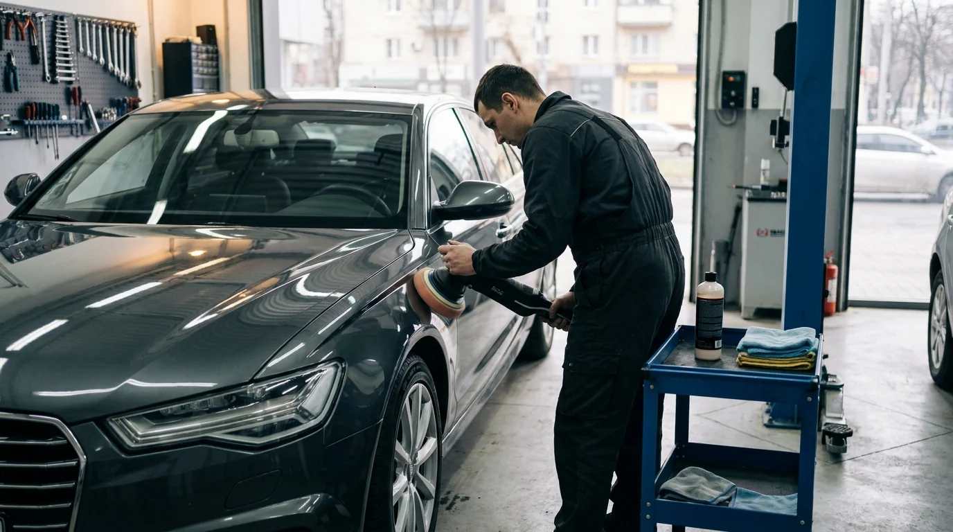 Полірування кузова BMW дворежимною машинкою в детейлінг-боксі єМеханік, Київ